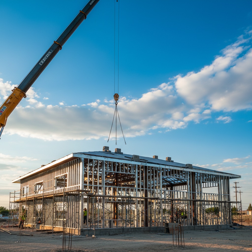 A crane hovers over the metal-stud framework of a building under construction against a blue sky with scattered clouds.